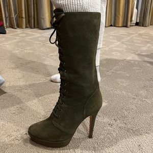 Mid calf army green lace up platform booties